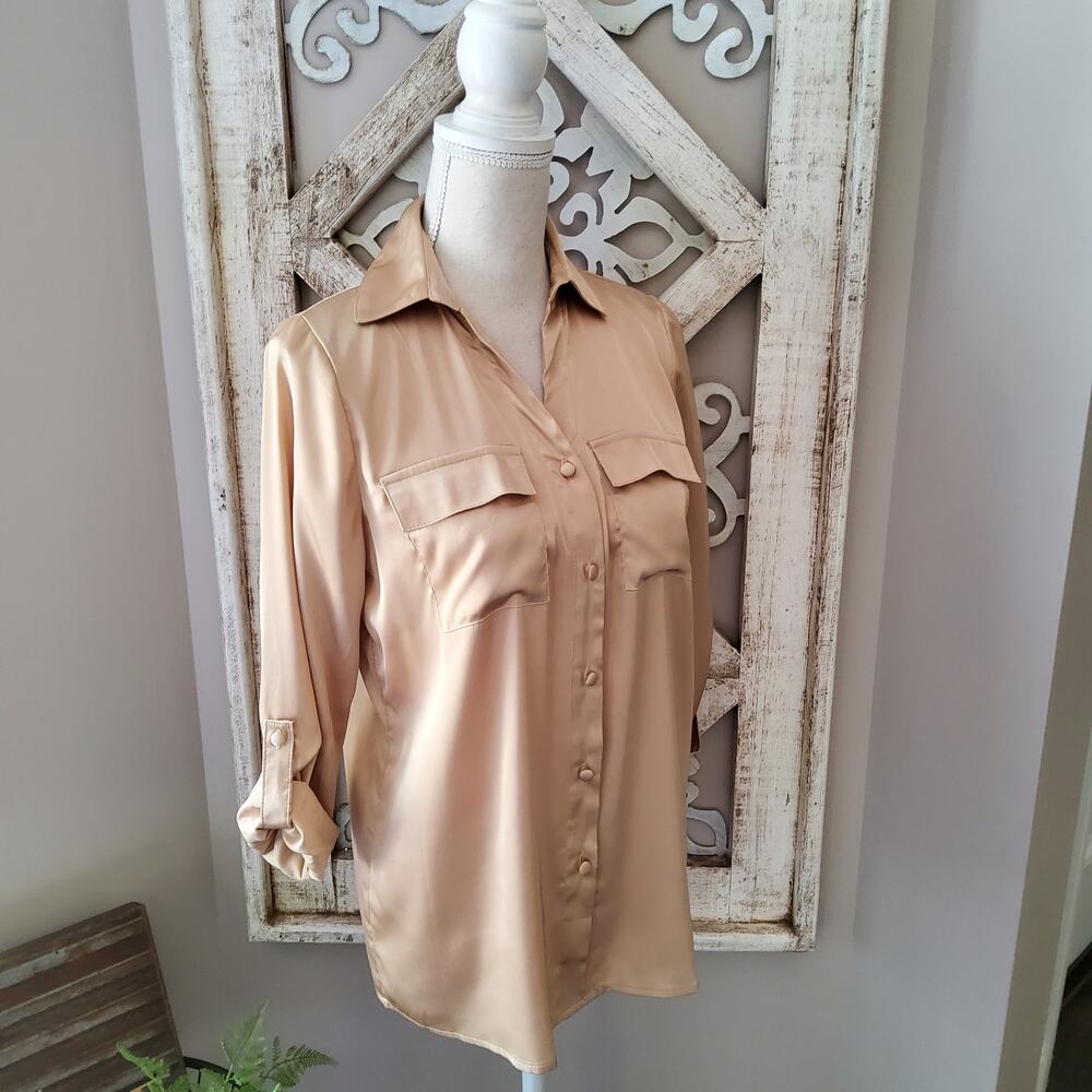 Notations Roll Tab Sleeve Collar Button Down Pocket Satin Blouse Gold Champagne